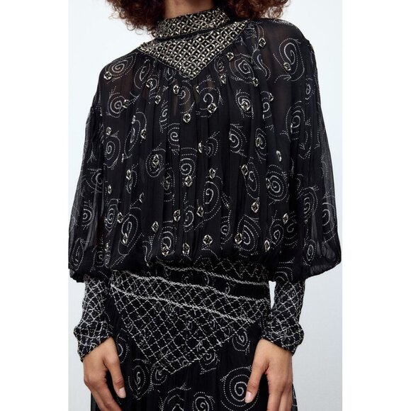 NWT Zara black & white embroidered beaded printed midi dress, M - Picture 5 of 16